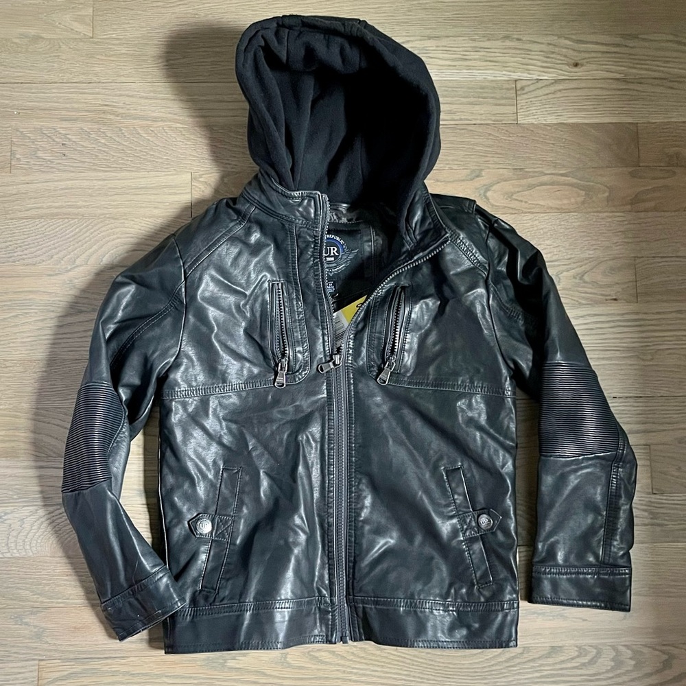 NWT Urban Republic Hooded Faux Leather Moto Jacket. Size M (10/12).